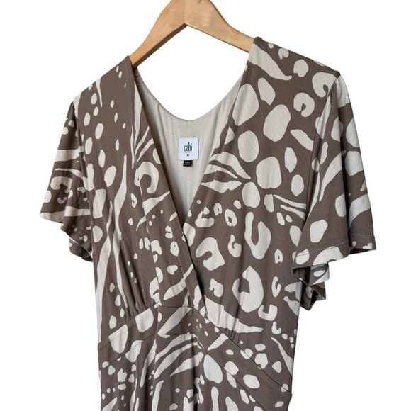 CAbi Women's XL Beige Tiered Faux Wrap Midi Dress Summer Chic Abstract Pattern - Picture 3 of 7